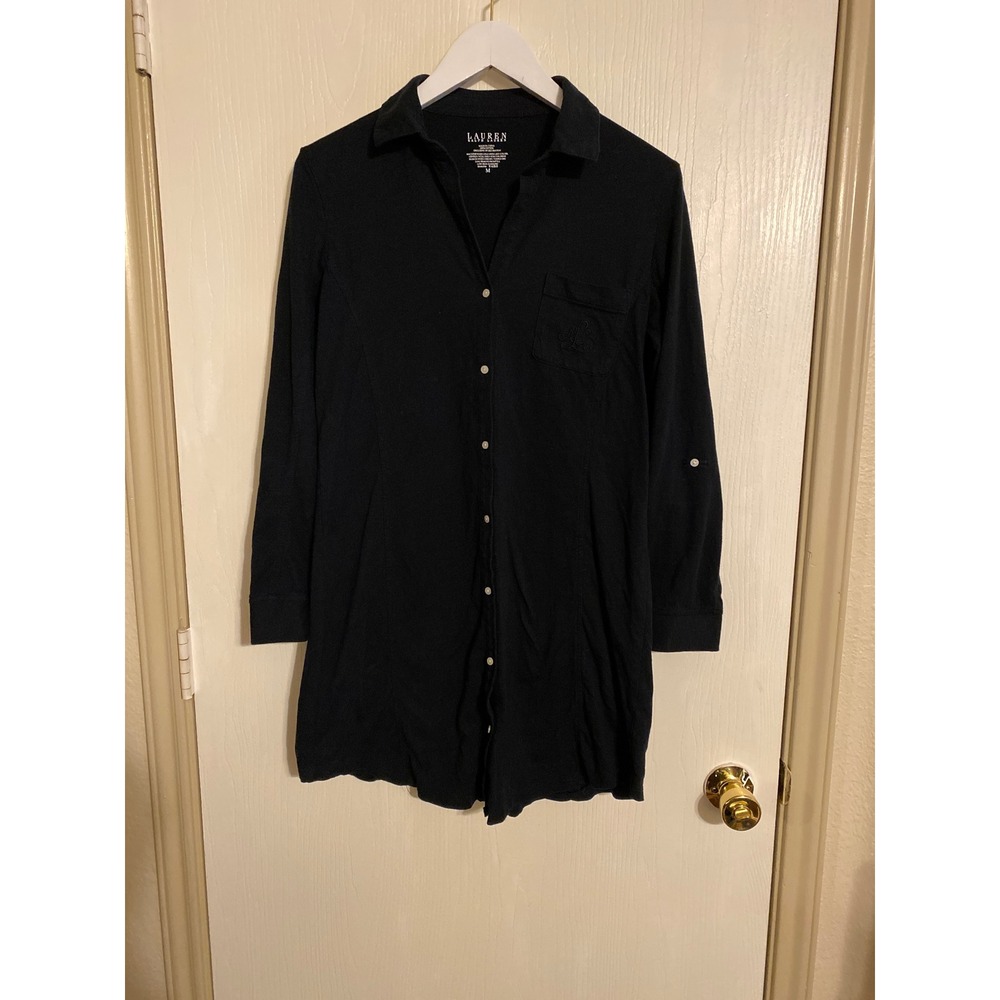 Lauren Ralph Lauren Navy Blue Cotton Jersey Button Down Shirt Dress M 0211